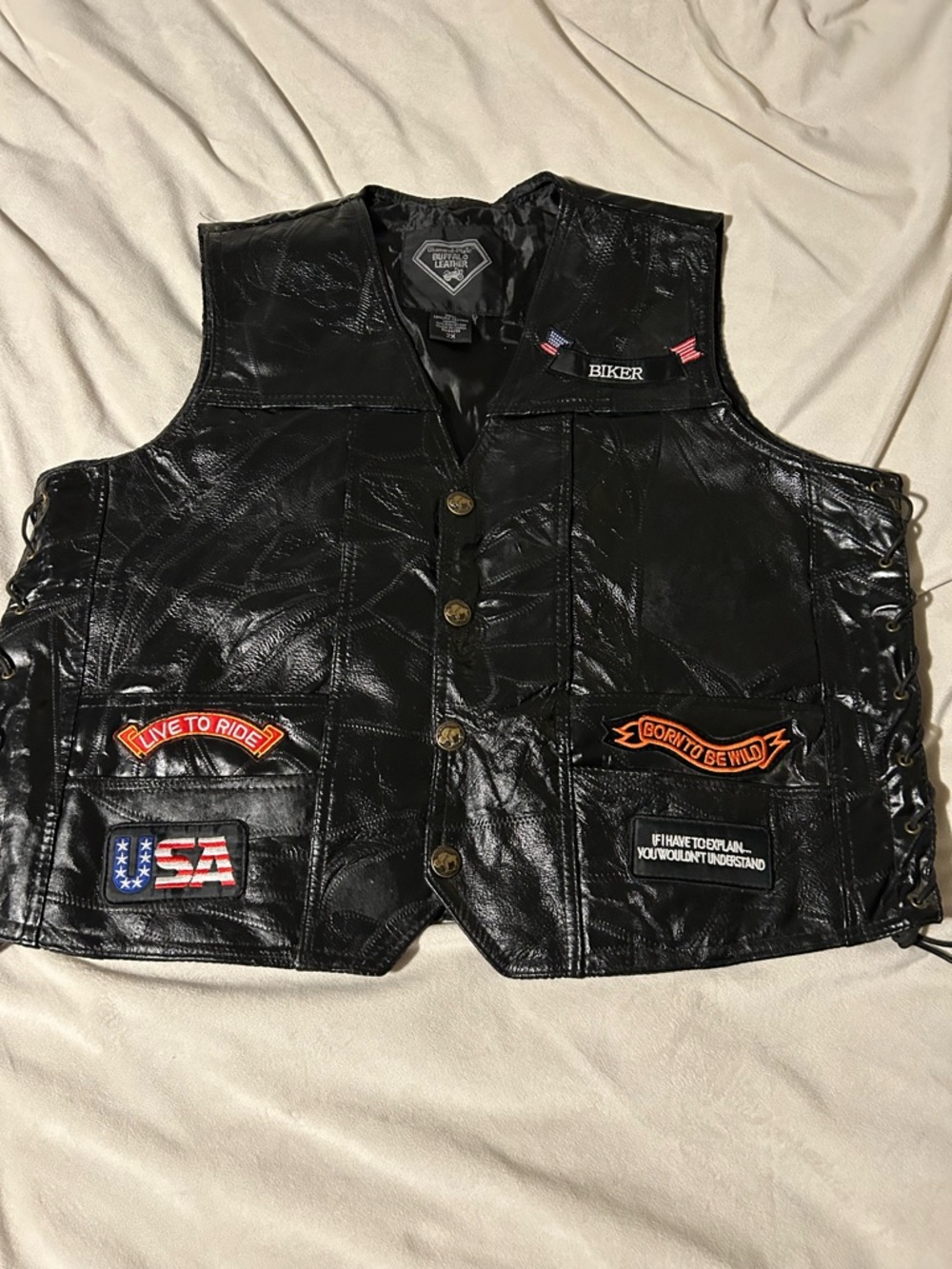 Men’s Black Leather Biker Vest with Great Patches